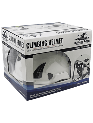 Bullhead Safety™ Head Protection - White Climbing Style Protective Helmet with Six-Point Ratchet Suspension and Four-Point Chin Strap - HH-CH1-W